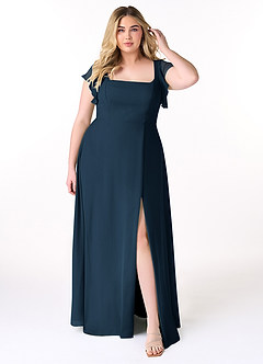Azazie Bondi Vestidos de damas de honor Vestido Azul Marino Oscuro de Gasa de Línea A con Volantes image7