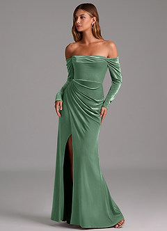 Azazie Hallie Bridesmaid Dresses Eucalyptus Mermaid Long Sleeve Velvet Convertible Dress image1