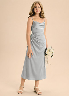 Azazie Mai Junior Osłona Pofałdowany Satyna elastyczna Długość herbaty Młodsza druhna Sukienka image5