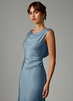 Azazie Kieryn Robes de demoiselle d'honneur Robe Sirène en Satin extensible Plissée Bleu Poussiéreux image6