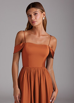 Azazie Calianna Bridesmaid Dresses Cinnamon A-Line Off the Shoulder Stretch Satin Convertible Dress image2