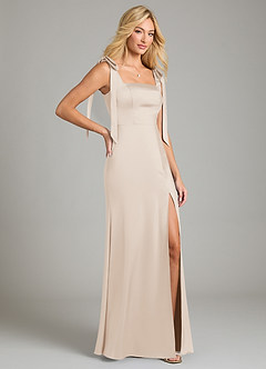 Azazie Frostine Bridesmaid Dresses White Alabaster A-Line Bow Stretch Satin Dress image5