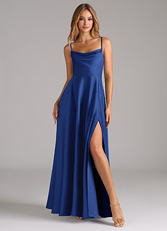 Azazie Elle Robes de demoiselle d'honneur Robe Trapèze en Satin extensible Plissée Bleu Roi image4