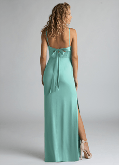 Azazie Mai Bridesmaid Dresses Aqua Sheath Pleated Stretch Satin Dress image2