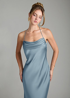 Azazie Mae Bridesmaid Dresses Dusty Blue Mermaid Pleated Stretch Satin Dress image3