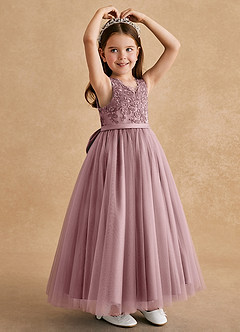 Azazie Cinna Flower Girl Dresses Dusty Rose A-Line Lace Tulle Dress image3
