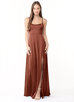 Azazie Halsey Robes de demoiselle d'honneur Robe Fourreau en Satin extensible Fente Latérale Argile image1