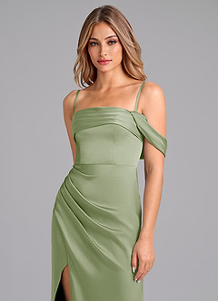 Azazie Lisbeth Jurken voor bruidsmeisjes Converteerbaar Jurk van Stretch Satijn met Zeemeermin Off the Shoulder Stoffige Salie image2