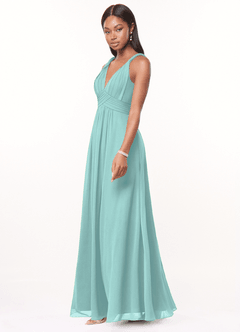 Azazie Maren Brautjungfernkleider A-Linie Plissee Chiffon Kleid Aqua image3