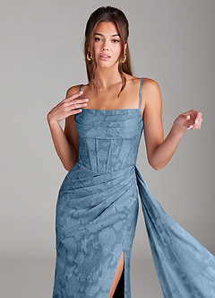 Azazie Denisa Bridesmaid Dresses Steel Blue Sheath Pleated Floral Burnout Dress image6