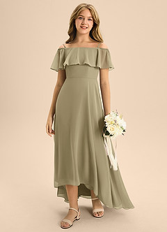 Azazie Maggie Junior A-Linie Schulterfrei Chiffon Kleid Moosgrün image3