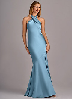 Azazie Lorena Vestidos de damas de honor Vestido de Azul Acero de Satén Elástico de Corte Sirena con Plisado image3