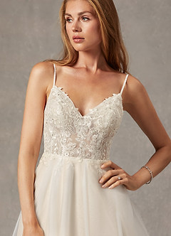 Azazie Tatiana Wedding Dresses Diamond White Nude A-Line V-Neck Sequins Tulle Dress image6
