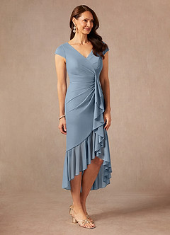 Azazie Renetta Mother of the Bride Dresses Dusty Blue Sheath V-Neck Pleated Mesh Dress image5