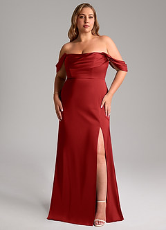 Azazie Saige Bridesmaid Dresses Pomegranate Sheath Off the Shoulder Stretch Satin Dress image11