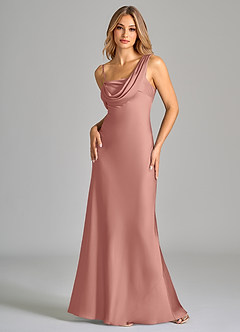 Azazie Celina Bridesmaid Dresses Rosette Sheath Off the Shoulder Stretch Satin Dress image3