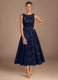 Azazie Fulton Mother of the Bride Dresses Dark Navy A-Line Pleated Floral Burnout Dress image4