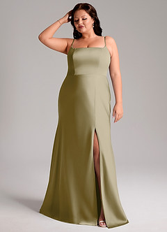 Azazie Lidia Bridesmaid Dresses Moss Green Mermaid Side Slit Stretch Satin Dress image8
