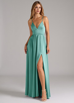 Azazie Aaida Bridesmaid Dresses Aqua A-Line Corset Stretch Satin Dress image4