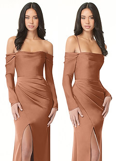 Azazie Hallie Bridesmaid Dresses Bronzer Sheath Off-The-Shoulder Long Sleeve Stretch Satin Convertible Dress image9