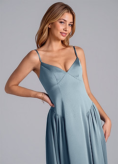 Azazie Kirby Final Sale Dusty Blue A-Line Stretch Satin Dress image2