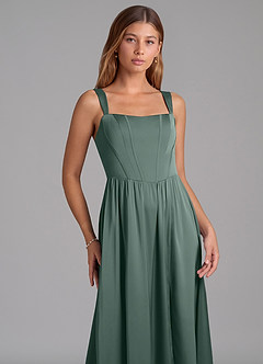 Azazie Rosaline Robes de demoiselle d'honneur Robe Trapèze en Satin extensible Fente Latérale Mousse De Mer image6