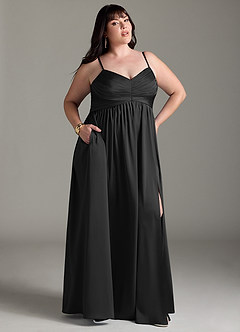Azazie Alia Vestidos de damas de honor Vestido de Negro de Satén Elástico de Corte en A con Plisado image11