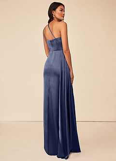 Azazie Maron Robes de demoiselle d'honneur Robe Trapèze en Satin extensible Epaule unique Bleu Orageux image4