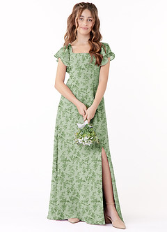 Azazie Bondi Junior Green Fern Floral A-Line Bow Chiffon Dress image1