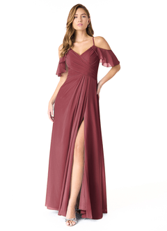 Azazie Dakota Bridesmaid Dresses Merlot A-Line V-Neck Pleated Chiffon Dress image2
