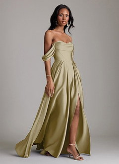 Azazie Loisa Abiti da Damigella Abito A-Line in Raso Elasticizzato a Spalla Scoperta Verde Muschio image6