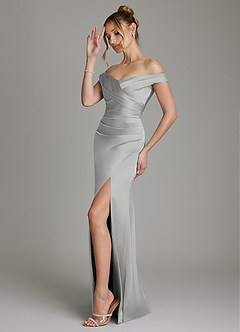 Azazie Teyana Bridesmaid Dresses Silver Sheath Off the Shoulder Stretch Satin Dress image5