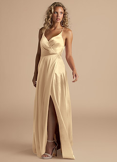 Azazie Davis Bridesmaid Dresses Gold A-Line Pleated Metallic Satin Dress image9
