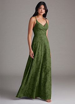 Azazie Davis Abiti da Damigella Abito A-Line in Burnout Floreale Plissettato Oliva image4