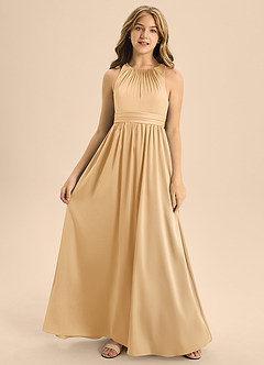 Azazie Jaylah Junior Gold A-Line Pleated Stretch Satin Dress image4