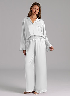 front Ruffled Satin Long Sleeve Pajama Set