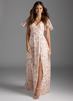 Azazie Kimber Bridesmaid Dresses Pink Fern Floral A-Line Flounce Sleeve Chiffon Dress image1
