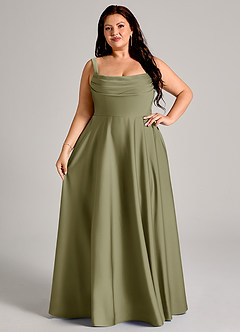 Azazie Shaude Vestidos de damas de honor Vestido de Pistacho de Satén Elástico de Corte en A con Plisado image12