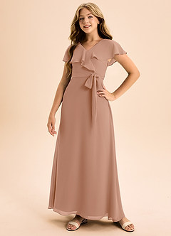 Azazie Lainey Junior Abito A-Line in Chiffon Con Tasche Champagne Rosa image5