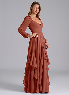 Azazie Karan Bridesmaid Dresses Auburn A-Line Long Sleeve Chiffon Dress image5