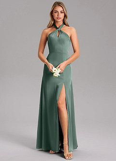 Azazie Tracie Bridesmaid Dresses Sea Moss A-Line Side Slit Stretch Satin Dress image1