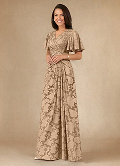 Azazie Emmeline Mother of the Bride Dresses Champagne A-Line Pleated Floral Burnout Dress image3