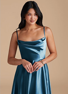 Azazie Elle Bridesmaid Dresses Steel Blue A-Line with Pockets Metallic Satin Dress image6