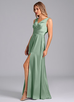 Azazie Karina Bridesmaid Dresses Agave A-Line Pleated Stretch Satin Dress image3