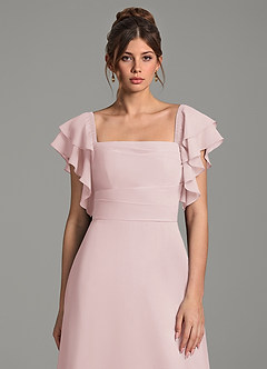 Azazie Dacia At-home Try On Dresses Blushing Pink A-Line Ruched Chiffon Dress image2