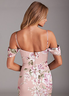 Azazie Saige Bridesmaid Dresses Rosy Floral Bloom Sheath Off the Shoulder Stretch Satin Dress image8