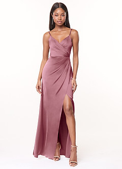 Azazie Maci Robes de demoiselle d'honneur Robe Trapèze en Satin extensible Col V plissé Mauve Vintage image1