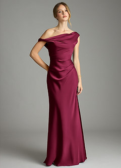 Azazie Emerson Bridesmaid Dresses Burgundy Mermaid Off the Shoulder Stretch Satin Dress image1