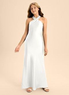 Azazie Doretta Junior White A-Line Pleated Stretch Satin Dress image4