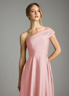 Azazie Melanie Robes de demoiselle d'honneur Robe Trapèze en Satin extensible Épaule décolletée Rose Poudré image6